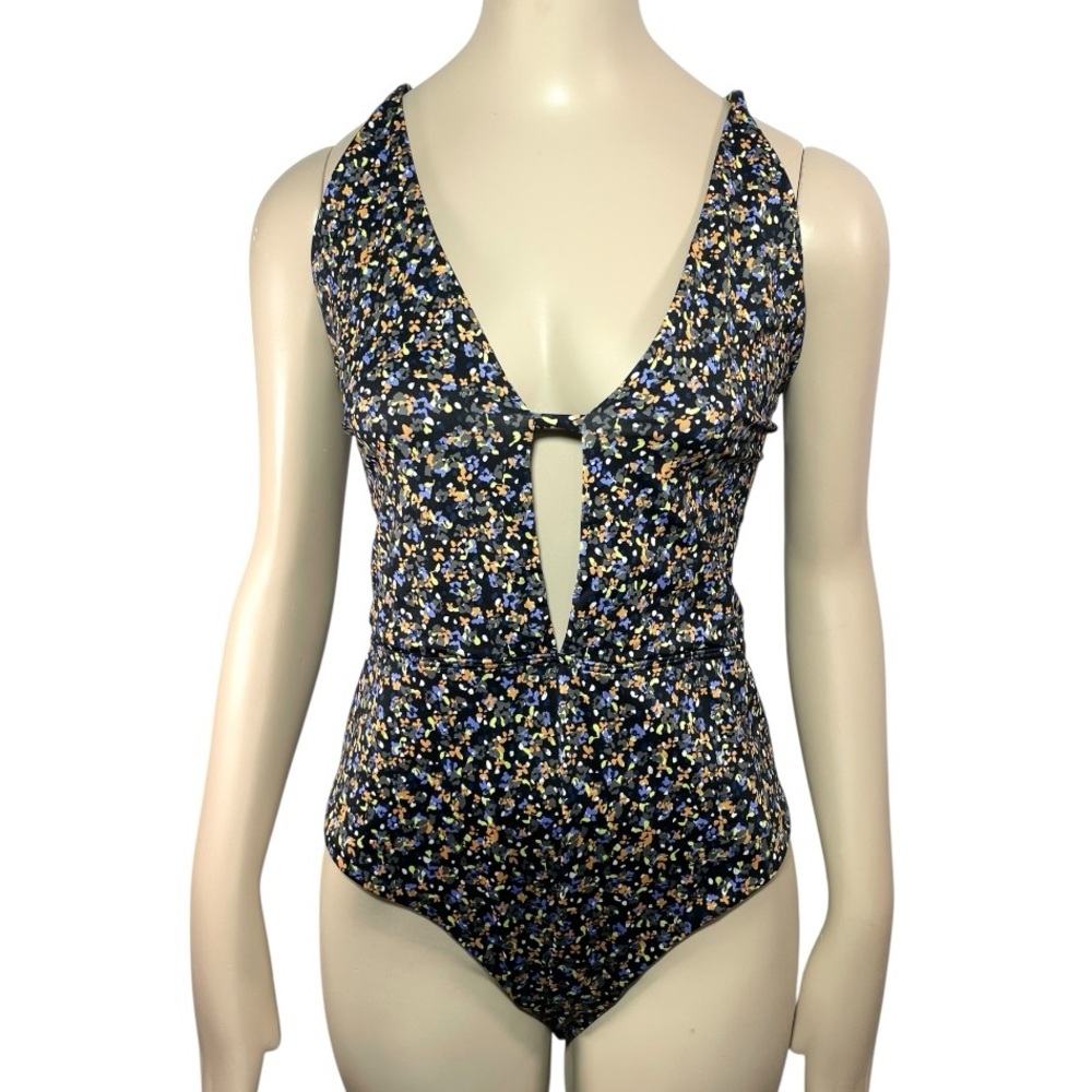 Prana one piece swimsuit sz Large La Plata black petal print